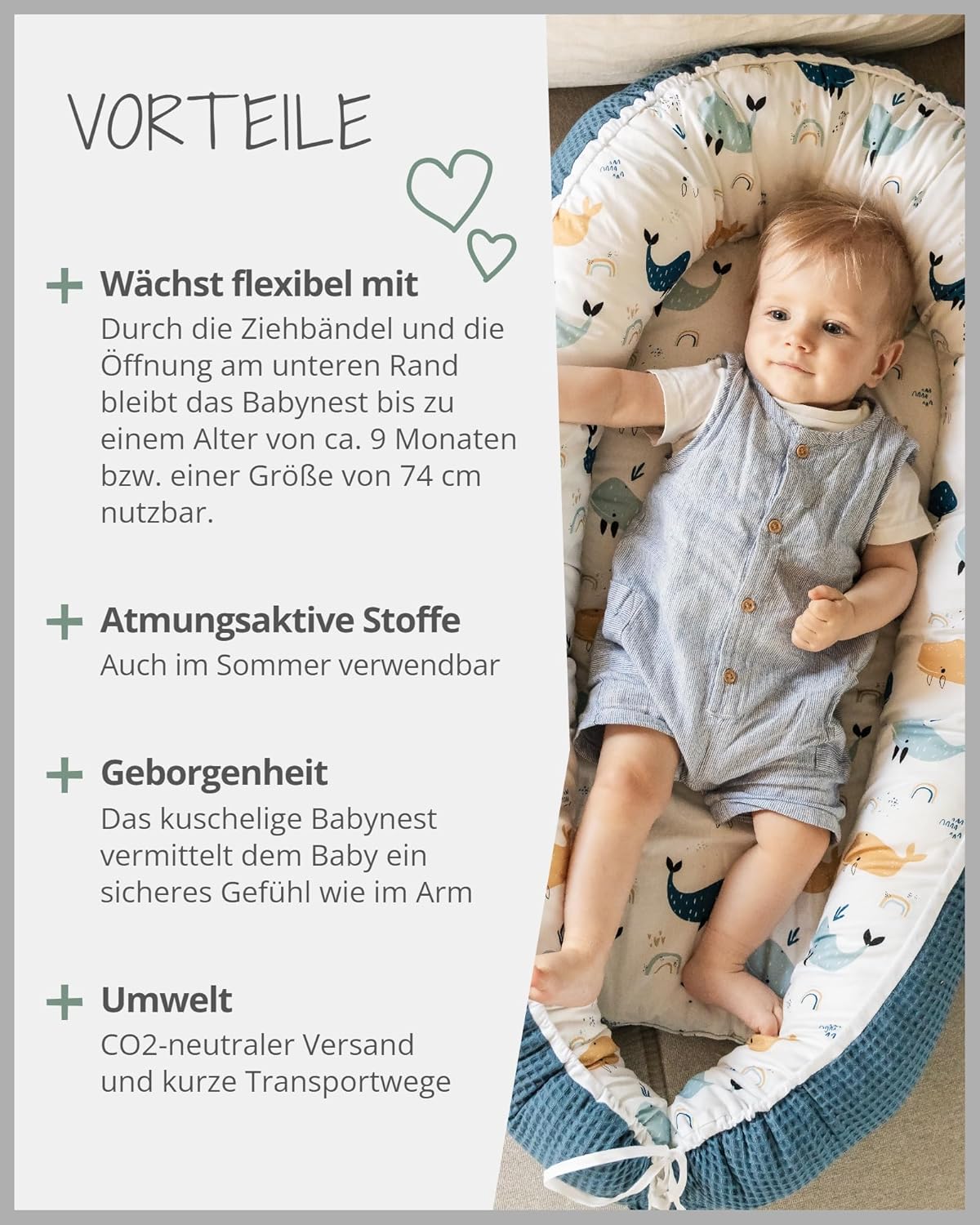Babynest aus Baumwolle für Neugeborene, Blau-wale Babynest