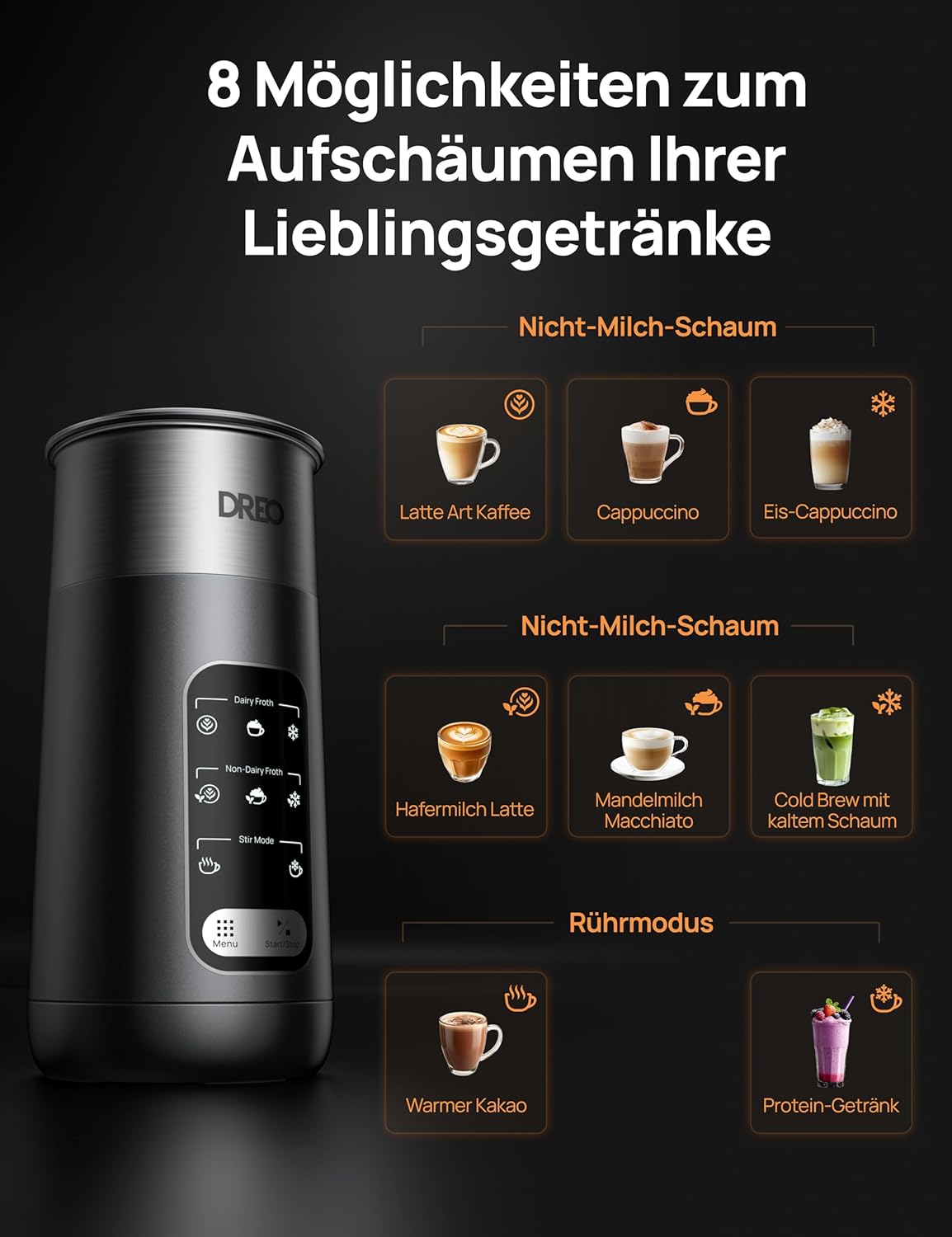 Elektrischer Milchaufschäumer 8-in-1 für Kaffeegetränke, Schwarz