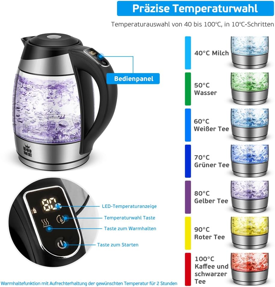 Glas-Wasserkocher mit Temperaturwahl (1,8L), Ohne Teesieb 418