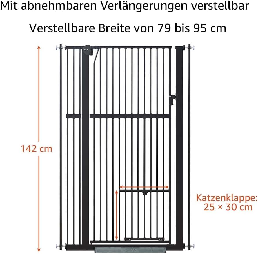 Hohes Haustiergitter mit Katzentür, Schwarz 79-95 cm Breite