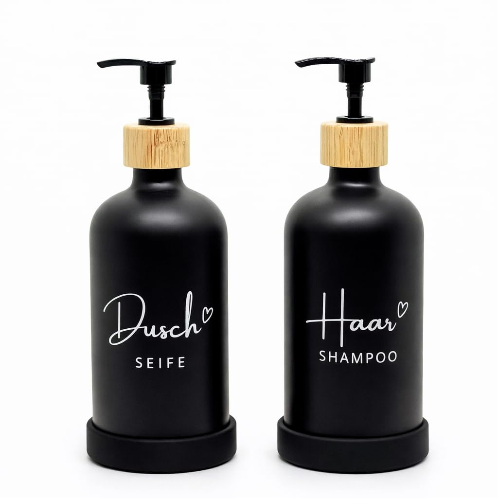 2er-Set Seifenspender für Duschseife & Haarshampoo, Schwarz Duschseife & Haarshampoo – Bambus Pump