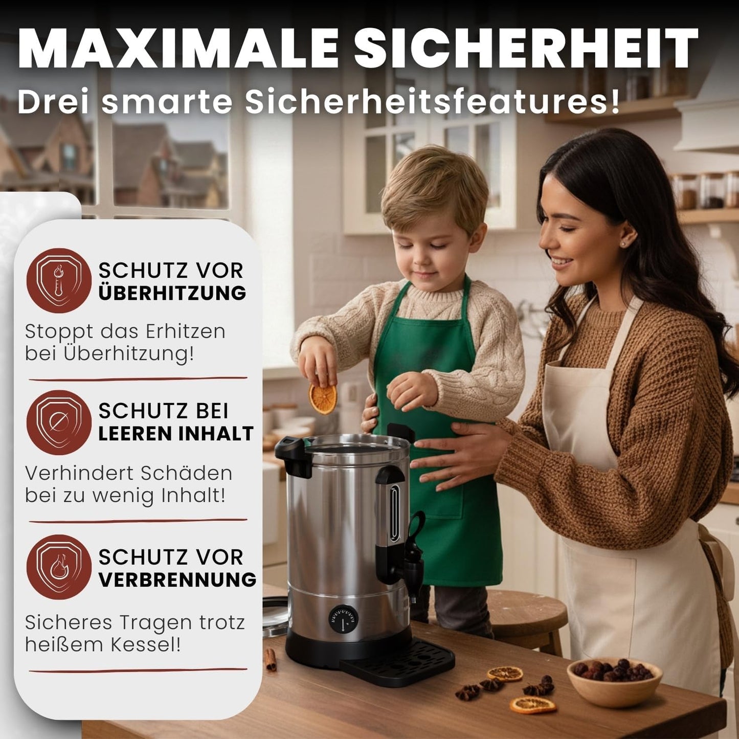 Glühweinkocher mit Zapfhahn und Thermostat, 6,8 Liter Silber (Inkl. Abtropfschale)