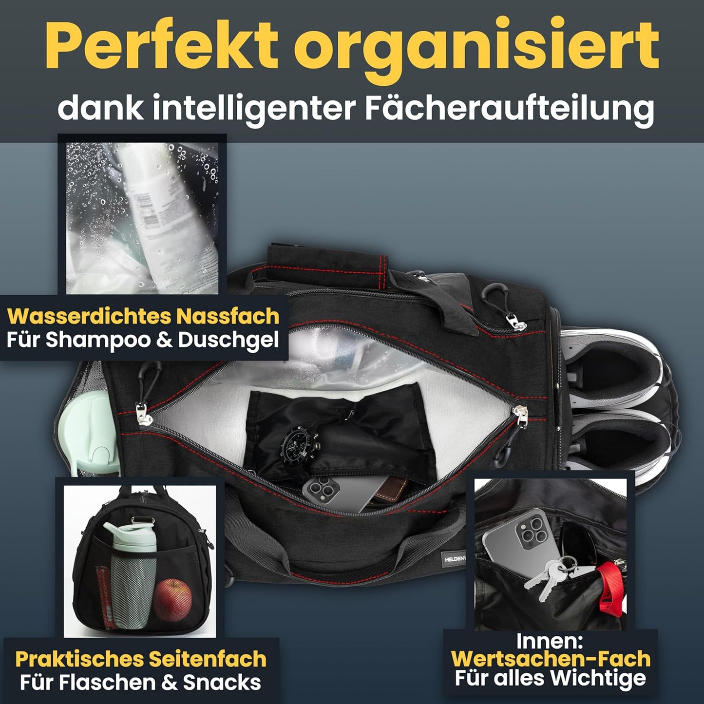Sport- und Reisetasche mit Schuh- und Nassfach, Schwarz mit Roten Reissverschlüssen 58 x 31 x 31 cm (Large 50L)