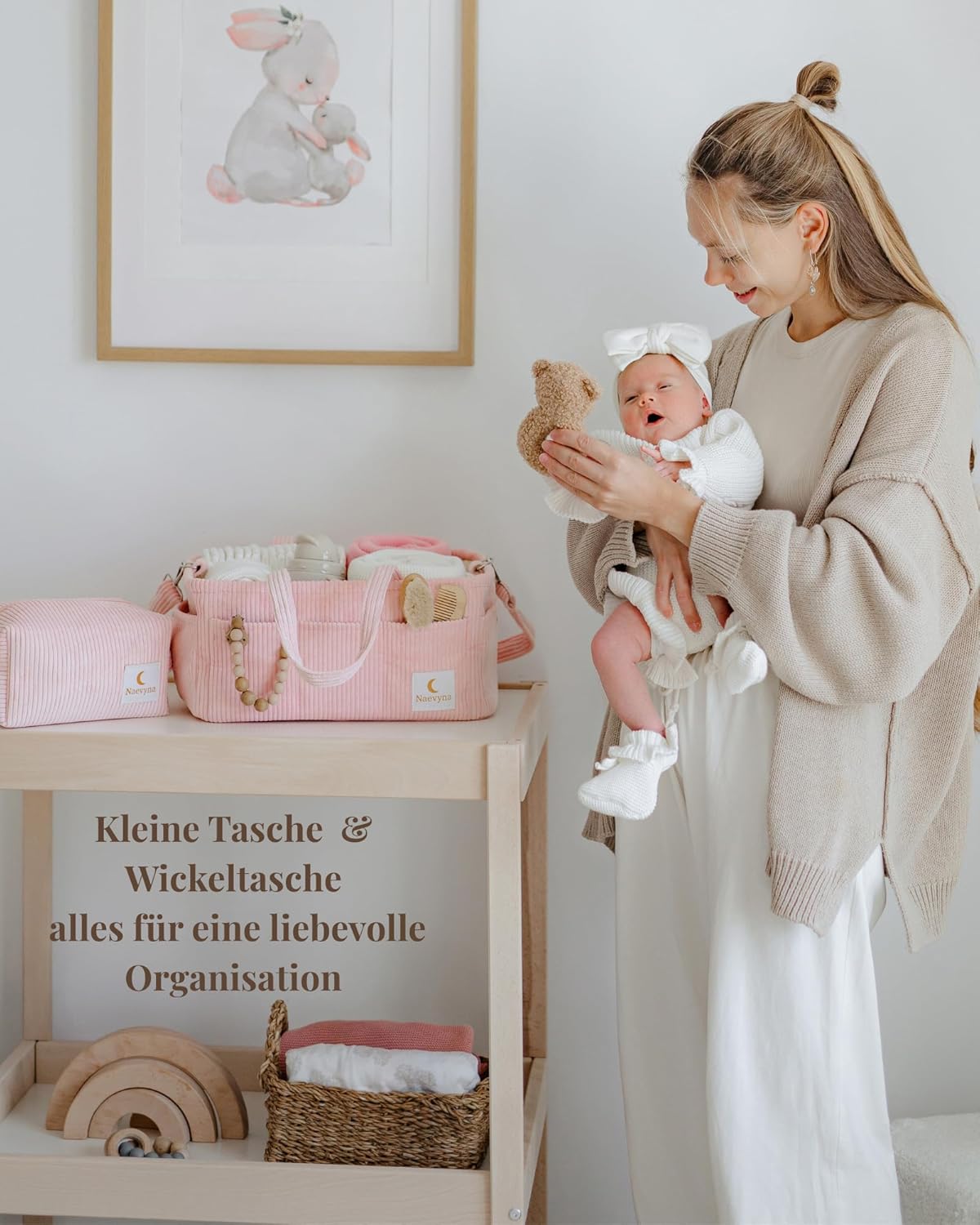 2-in-1 Wickelkorb Organizer mit Schultergurt und Windeltasche, Puderrosa