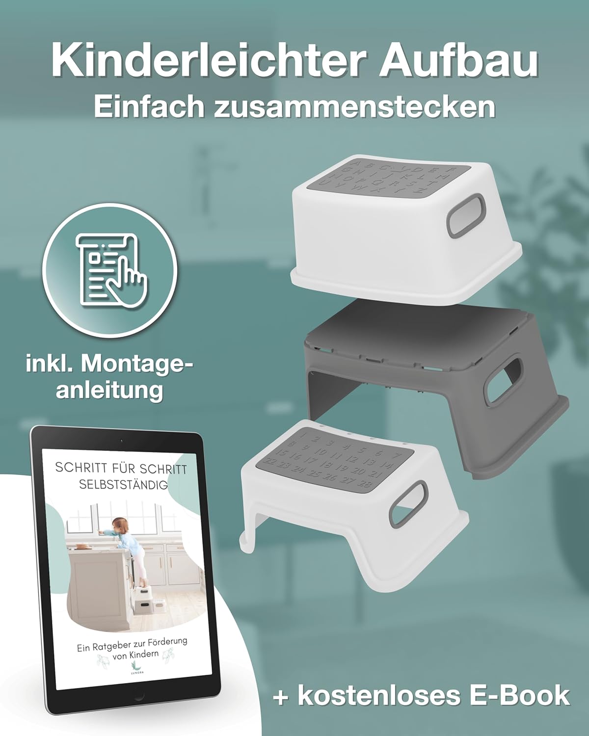 Sicherer Kinder Tritthocker mit Anti-Rutsch-Stufen, 2 Stufen Grau/Weiß