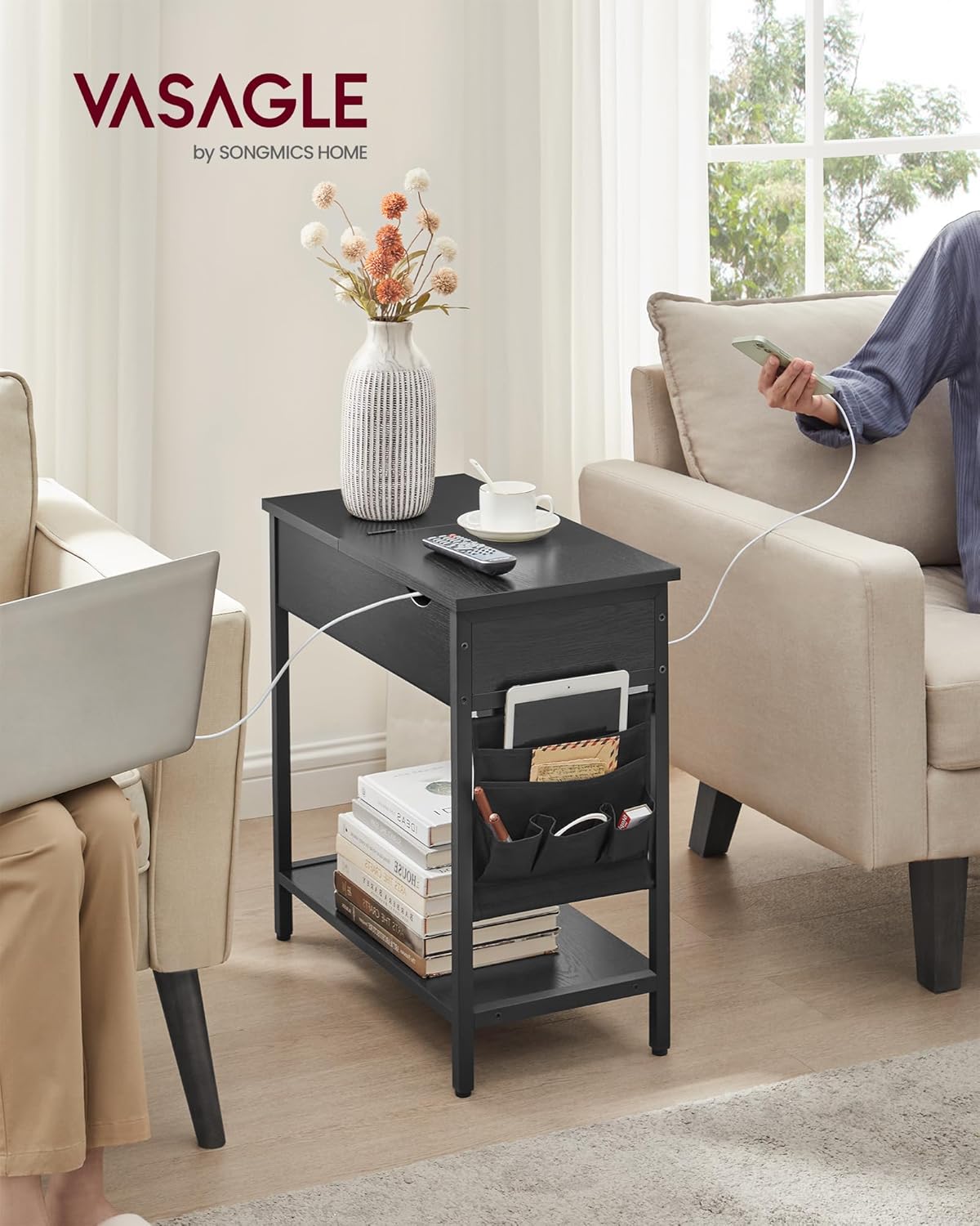 Beistelltisch mit Steckdose und USB-Anschlüssen, 1 Schwarz + Holzmaserung