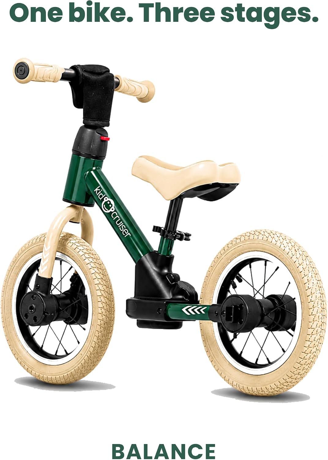 Pedalplay 3-in-1 Laufrad mit LED-Stützrädern & Pedalen, Waldgrün & cremiges Weiss