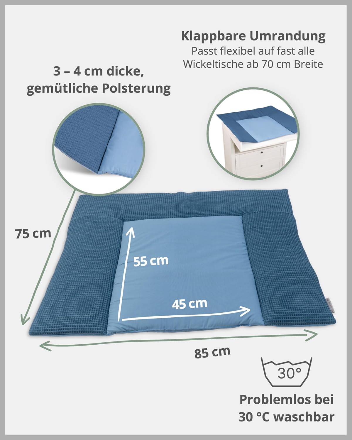 Wickelauflage 85x75 cm aus OEKO TEX Baumwolle, Blau Wickelauflage