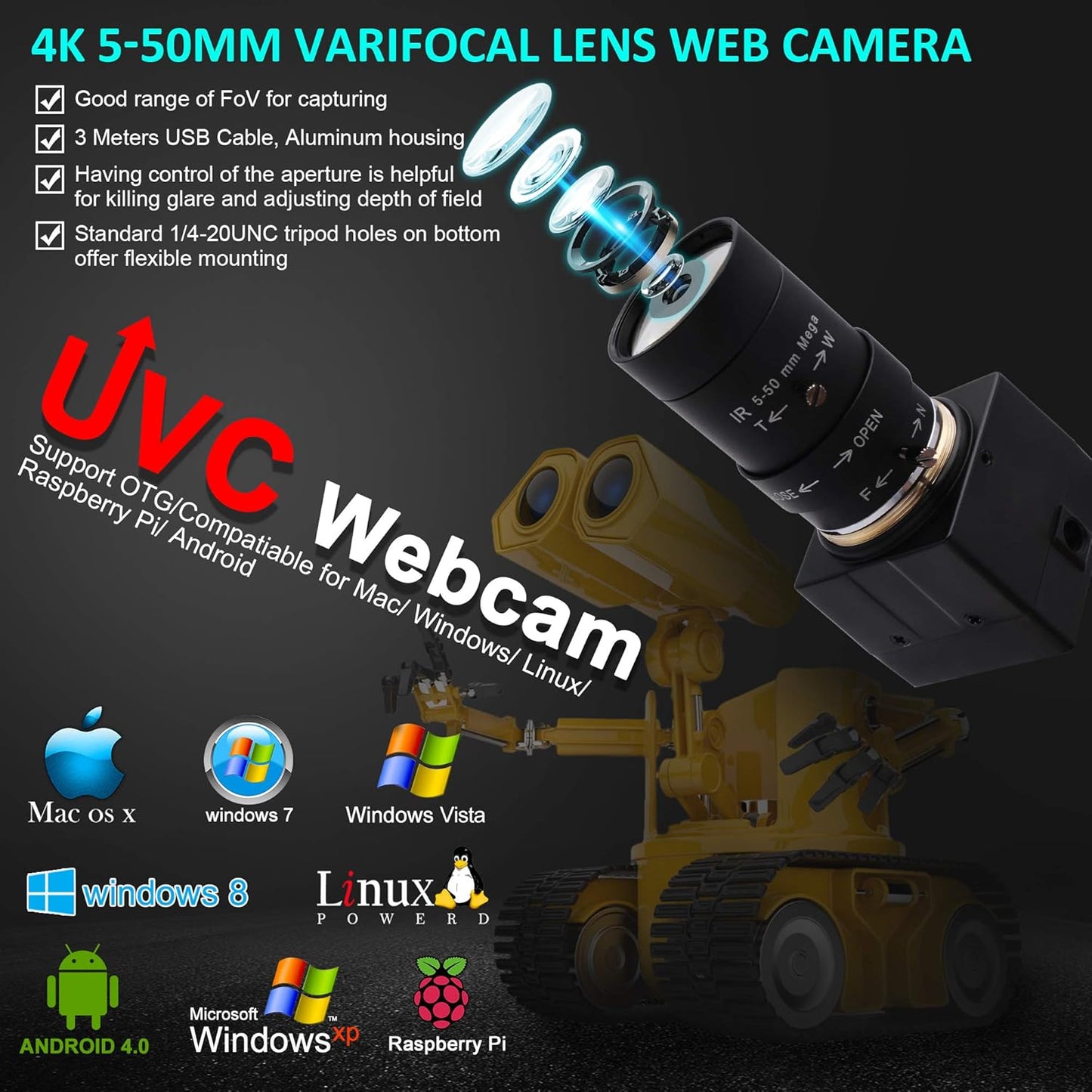4K UHD Webcam mit manuellem Zoomobjektiv (5-50mm), 4K 2160P Webcam