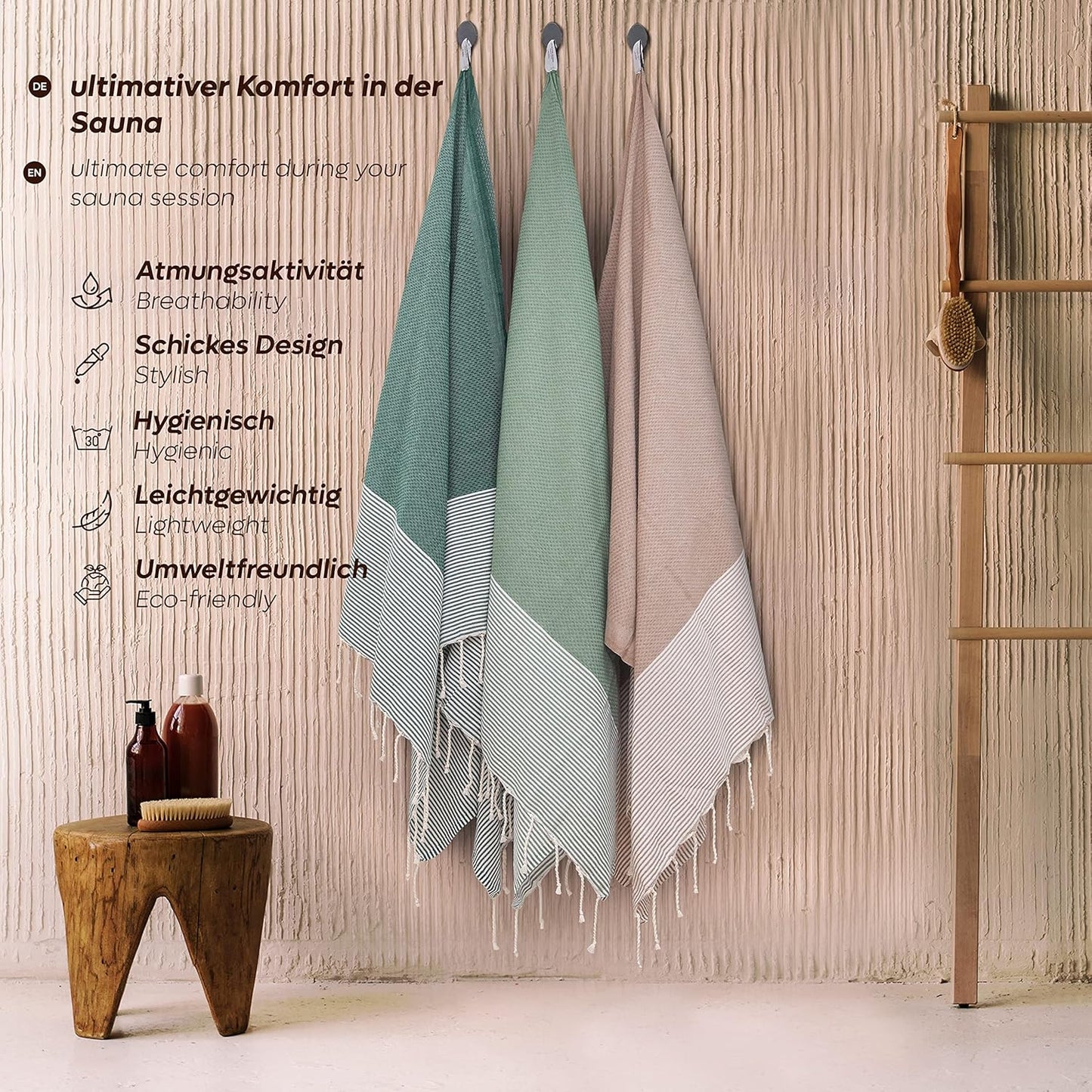 Hamamtuch-Set XXL (3er Set) für Sauna & Picknick, Set Of 3 -H- Mintgrün, Creme & Dunkelgrün Honeycomb