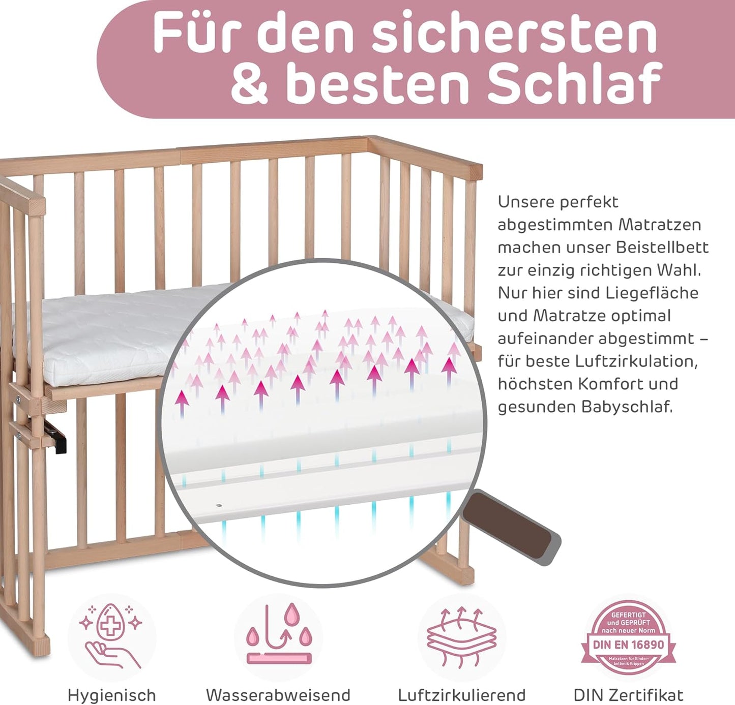 Beistellbett Midi mit Matratze Classic Soft, Natur Unbehandelt 88L x 44.5B x 79H cm Mit Matratze