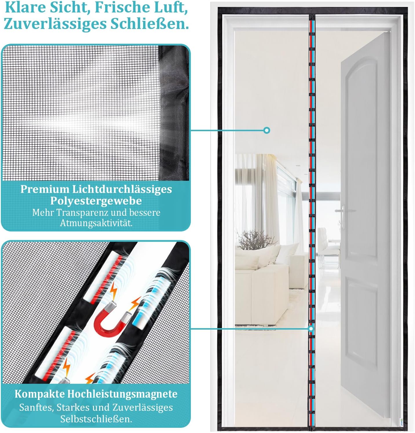 Magnet Fliegengitter Tür für Balkontüren (100x210 cm), 100x210 cm Prime Schwarz