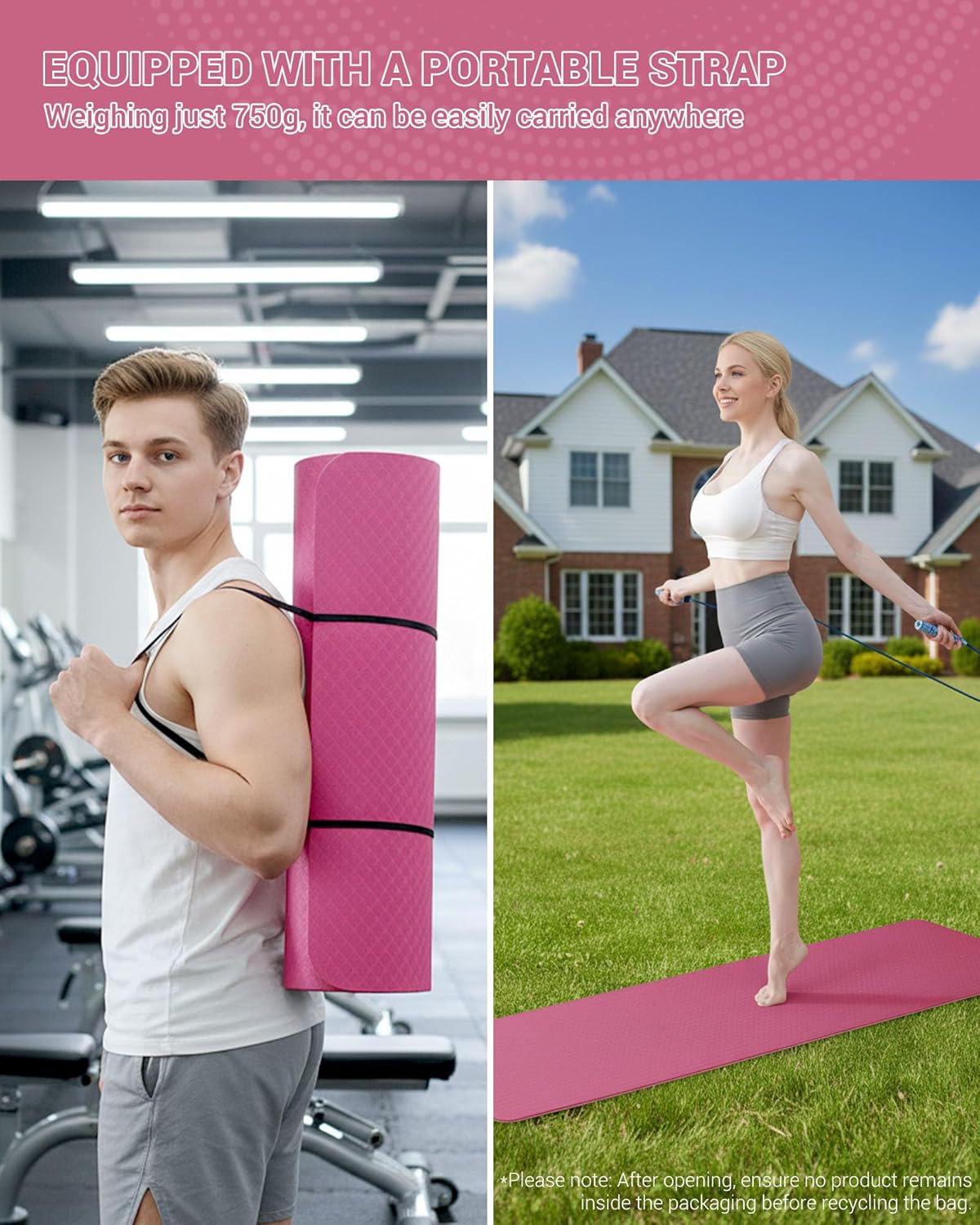 Gymnastik- und Yogamatte mit Tragegurt, Rosa/Pflaume