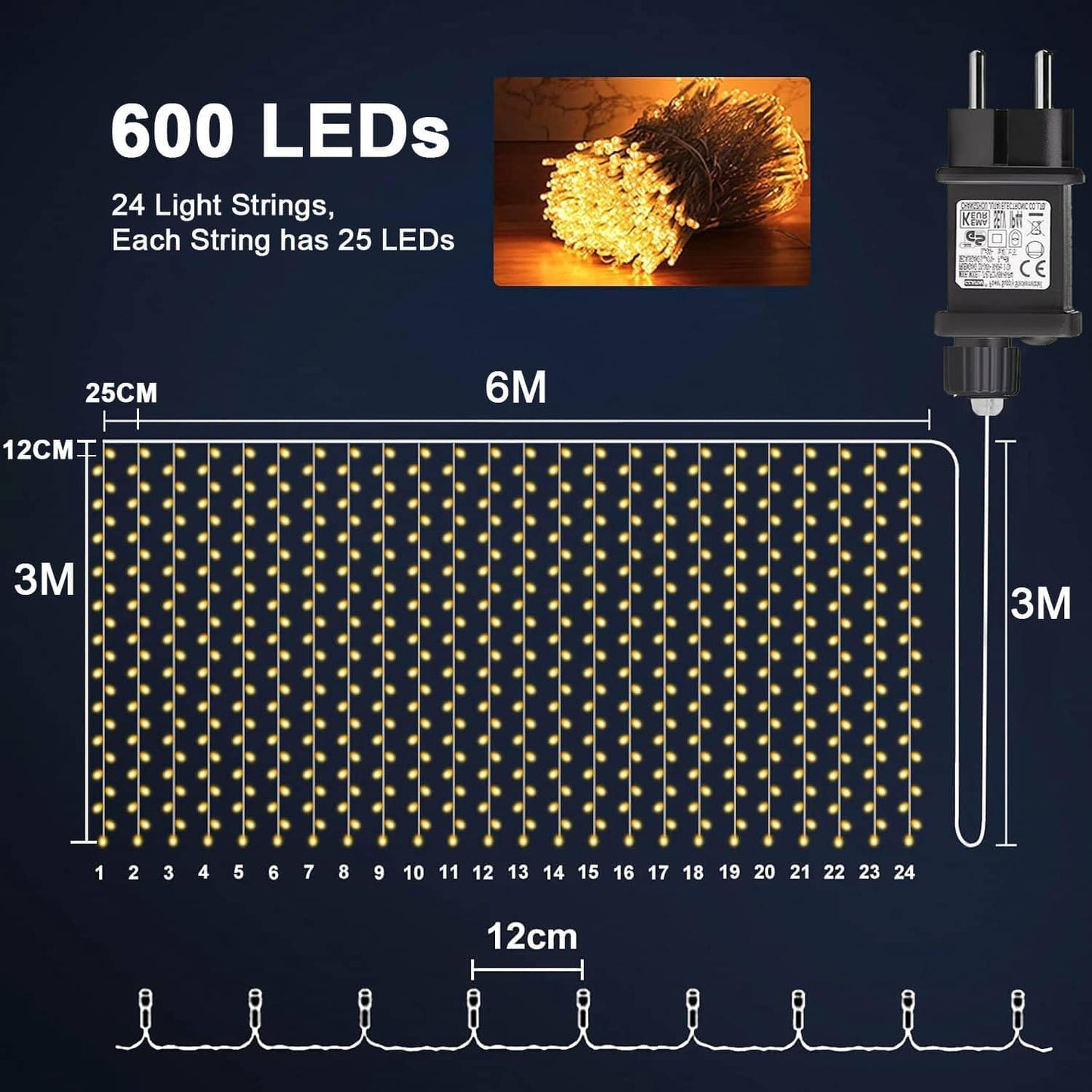 LED Lichtervorhang 6x3m, 1 Stück Warmweiss