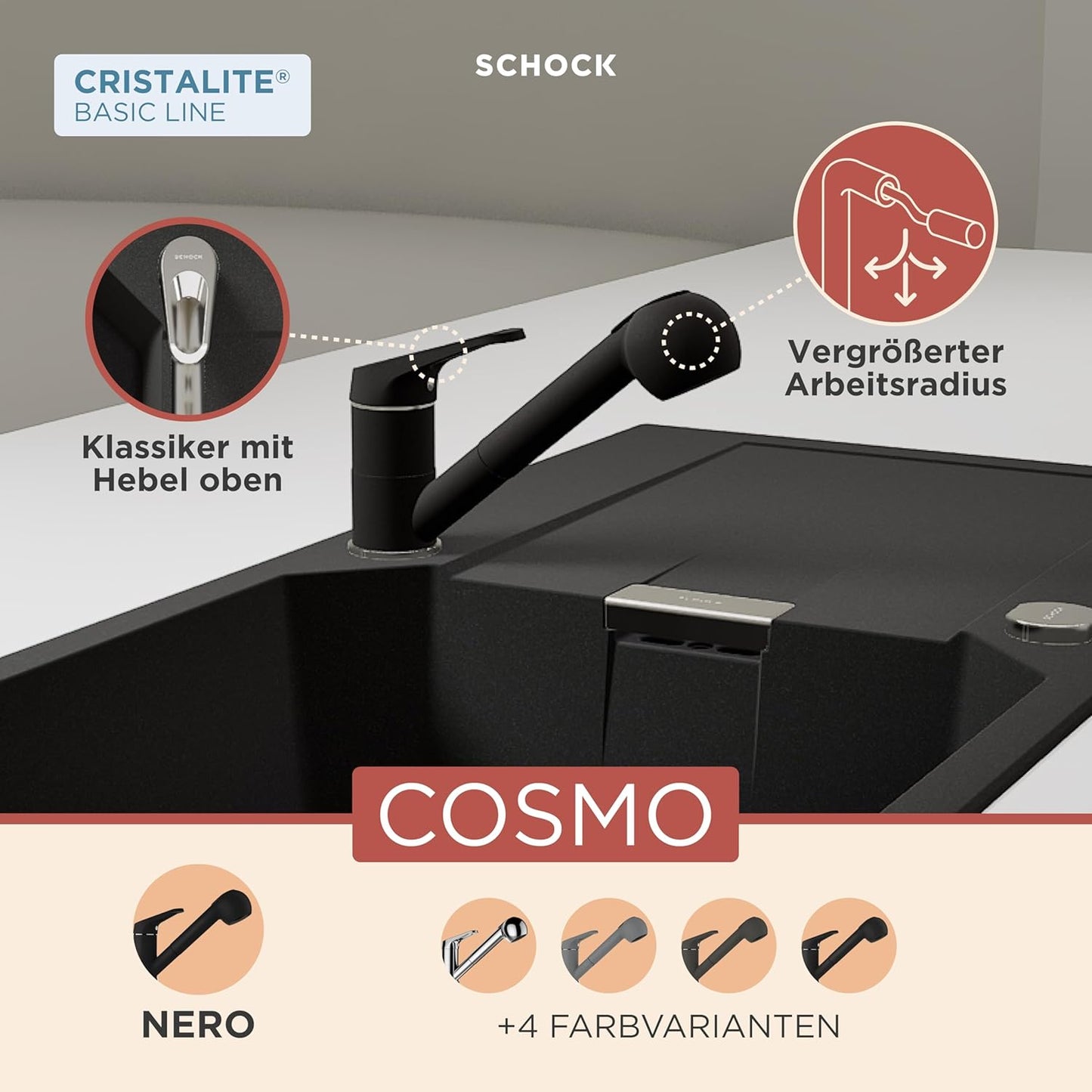 Küchenarmatur Cosmo mit Schlauchbrause, Schlauchbrause Nero