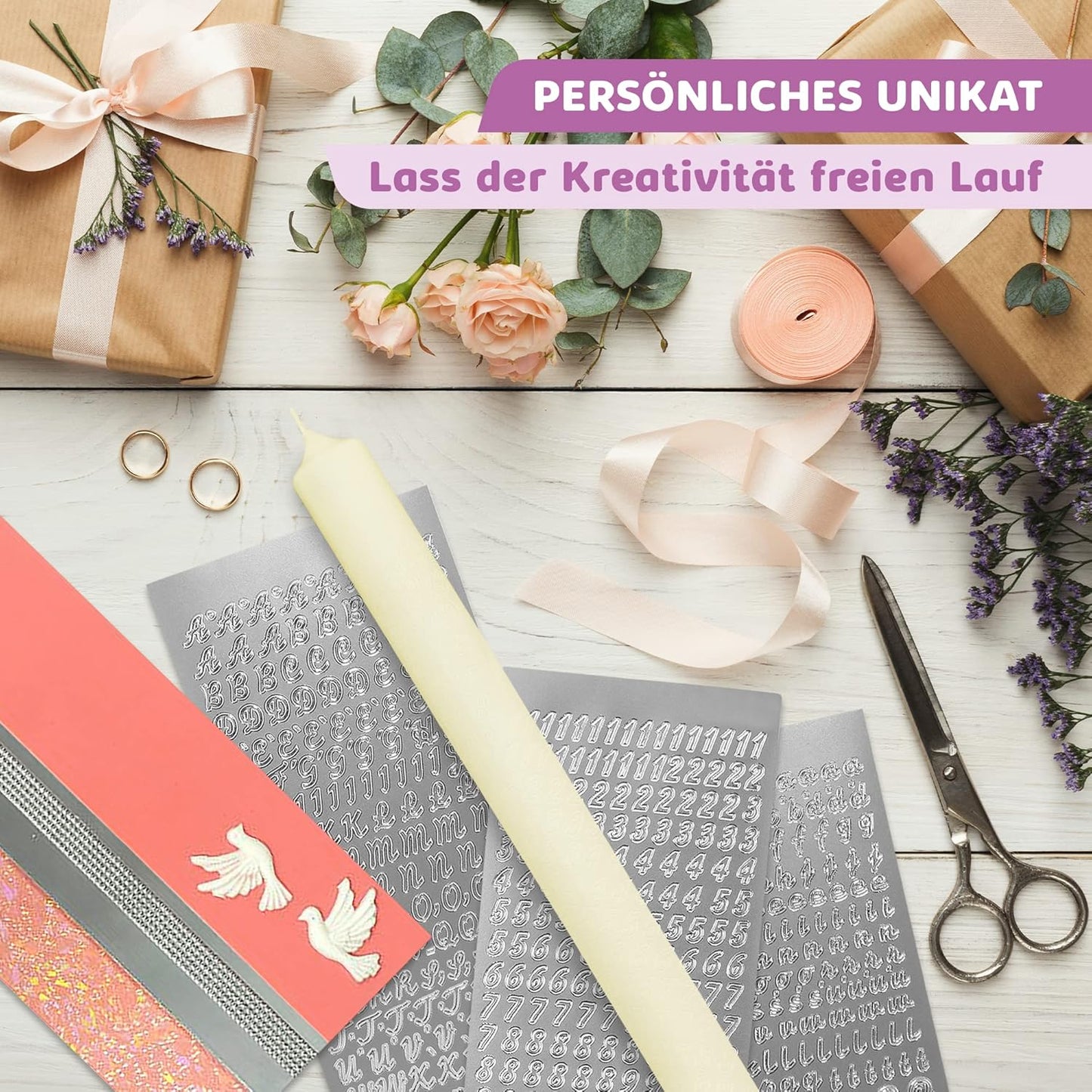 Kerzen-Rohling Set zur individuellen Gestaltung, Rosa mit Taube Kerze 40x4 cm | Creme