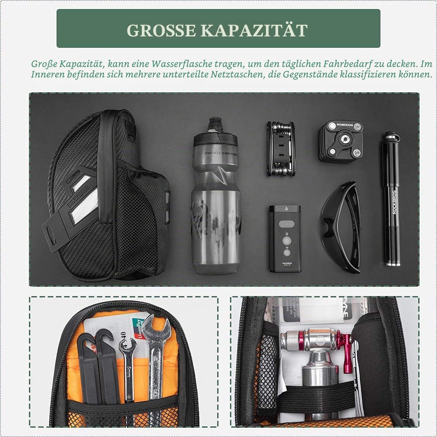 Velosatteltasche mit Flaschenhalter, Schwarz