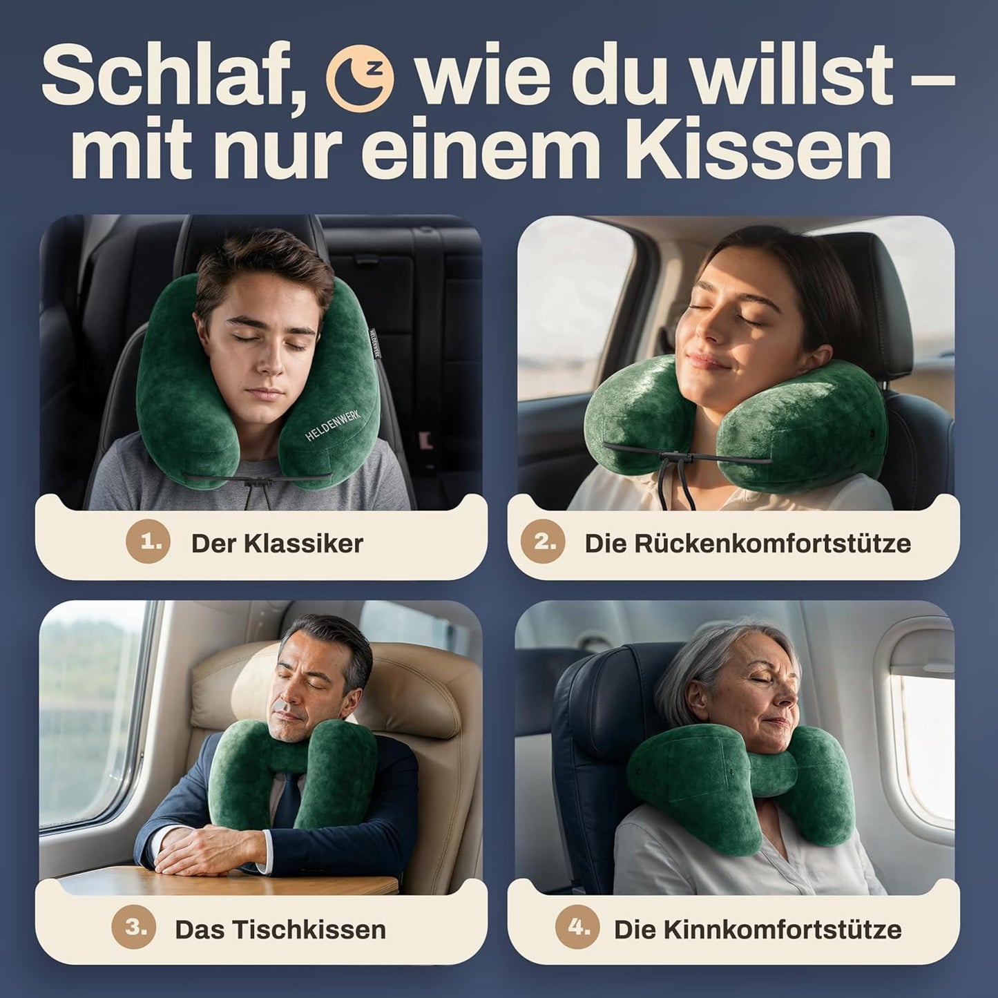 Aufblasbares Nackenkissen mit abnehmbarer Kapuze, Grösse L, Grün Gross - passt den meisten