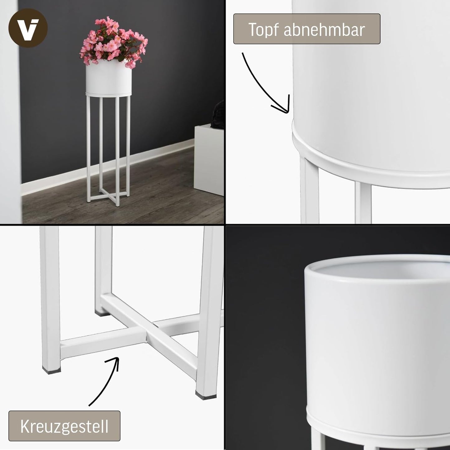 Blumentopf mit Ständer, 79x25x25 cm Cross Weiß Matt