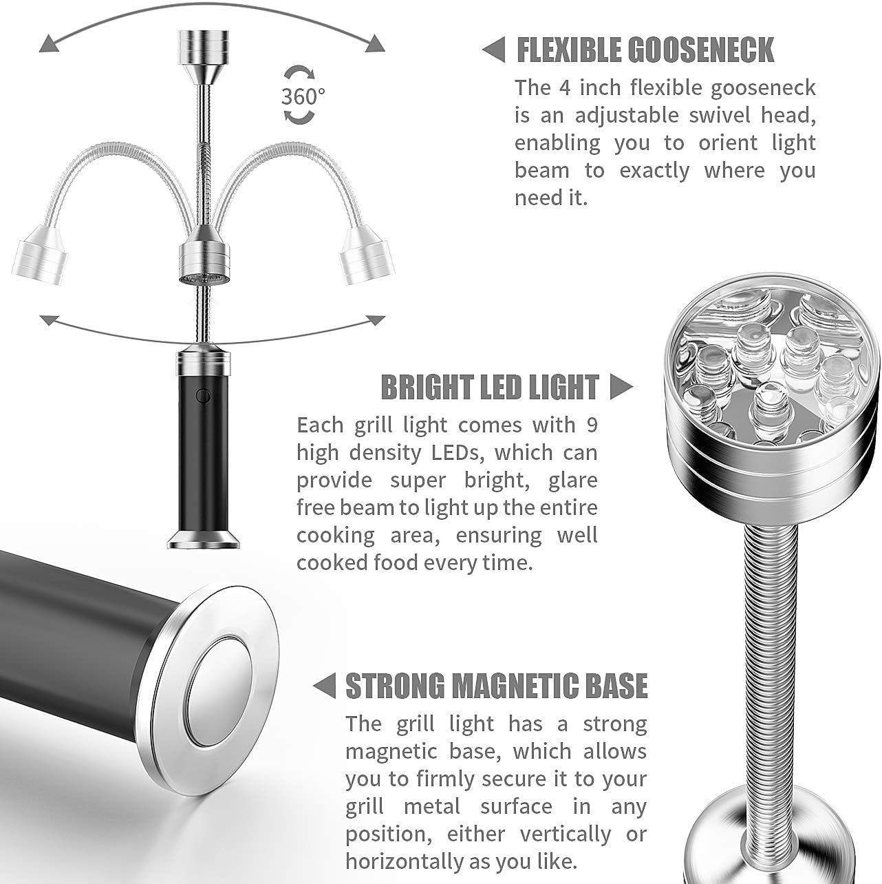 Grilllicht Set mit Magnet und 360° Drehung (2 Stück), Schwarz