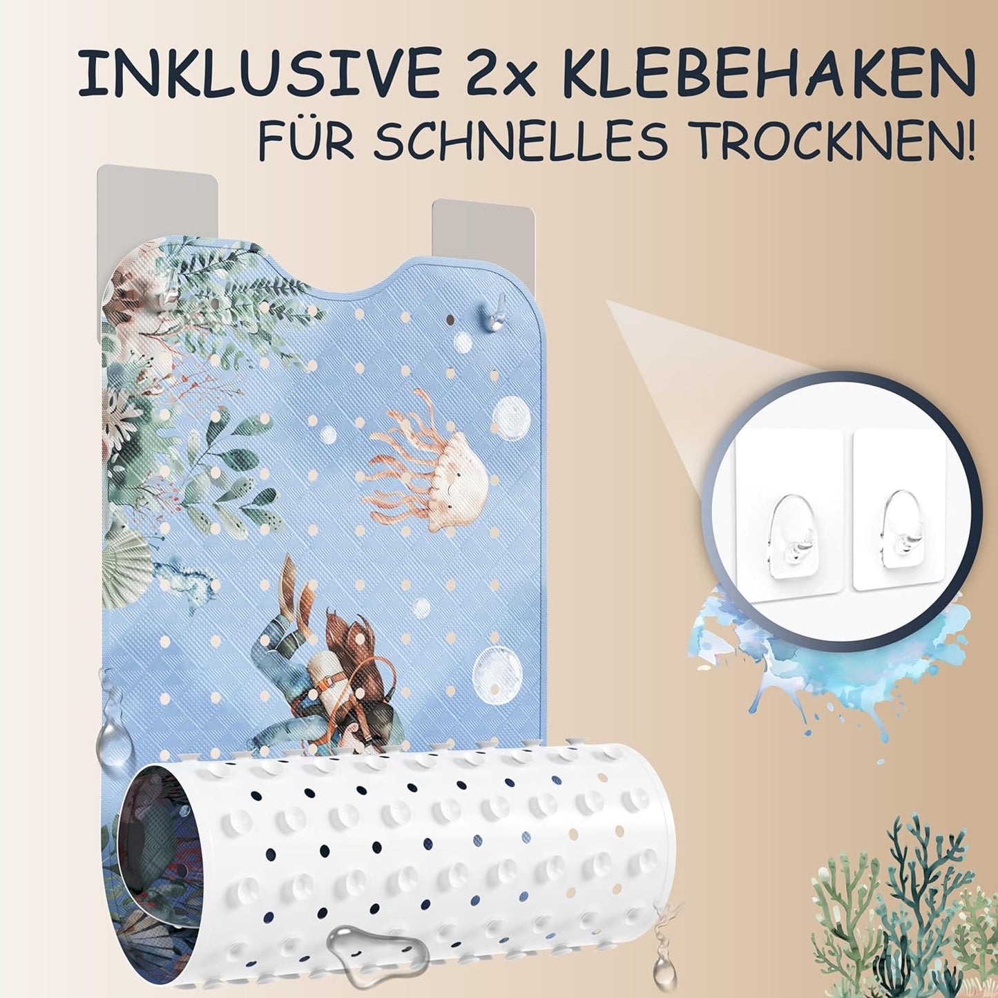 Rutschfeste Badewannenmatte für Kinder, 100 x 40 cm (Rechteckig) Wal Unterwasserwelt Blau