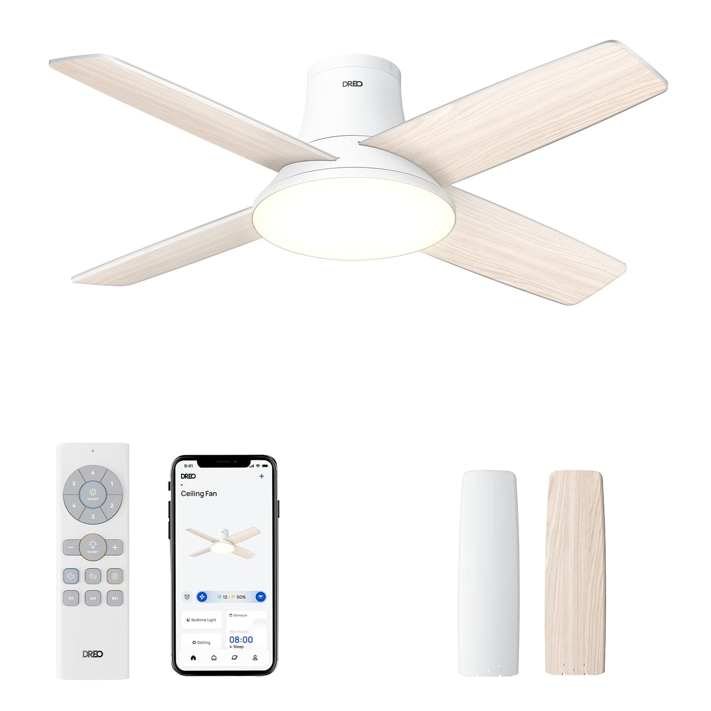 Deckenventilator mit Licht und Fernbedienung, Weisse Holzmaserung