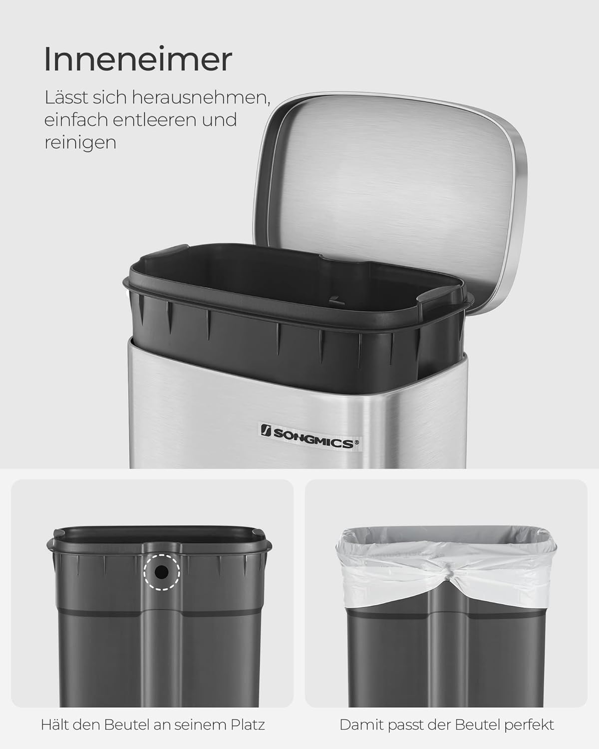 Mülleimer Ria mit Fusspedal und Softclose, silbern, 30 L