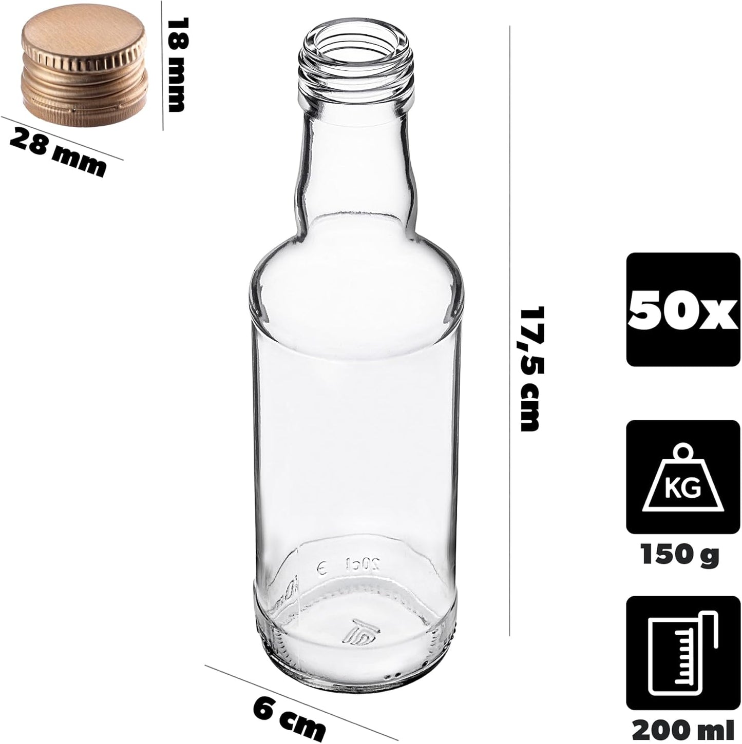 Glasflaschen mit Schraubverschluss, Gold 200 ml, 50 pieces