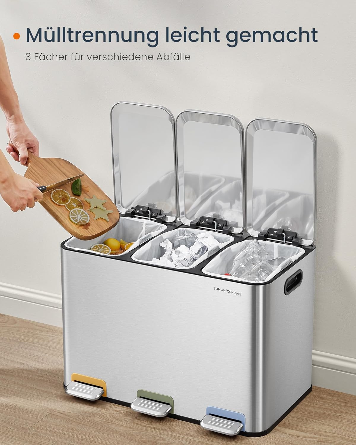 Mülleimer mit 3-Fach Mülltrennsystem, metallicsilber