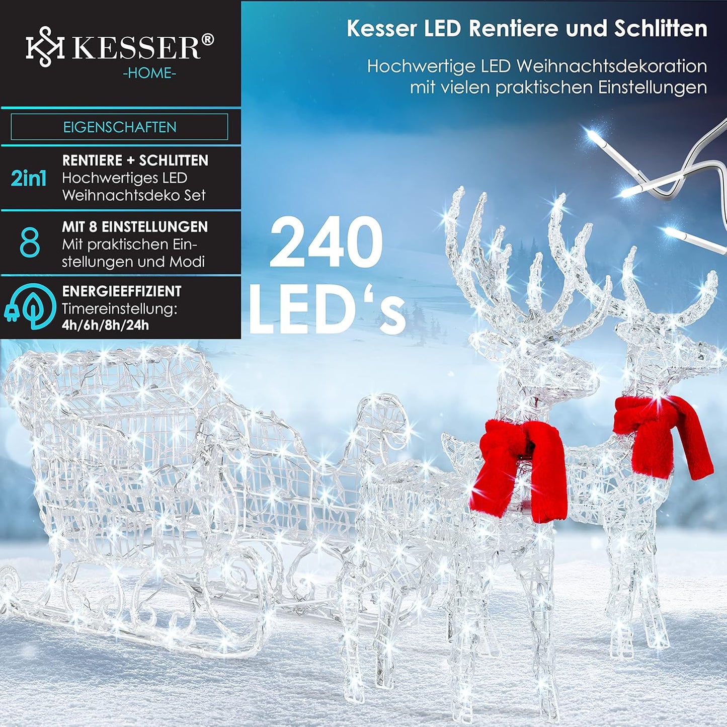 LED Rentiere mit Schlitten inkl. Dekoschal und Timer, Weiss, White LED
