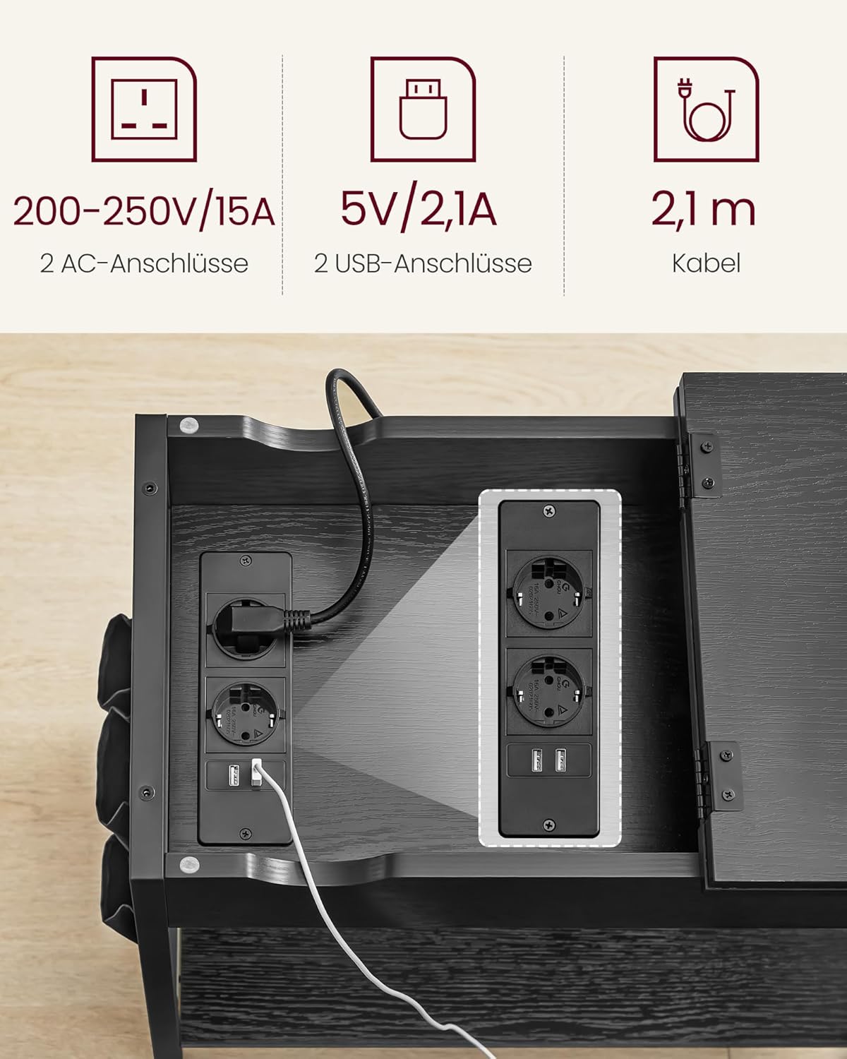 Beistelltisch mit Steckdose und USB-Anschlüssen, 1 Schwarz + Holzmaserung