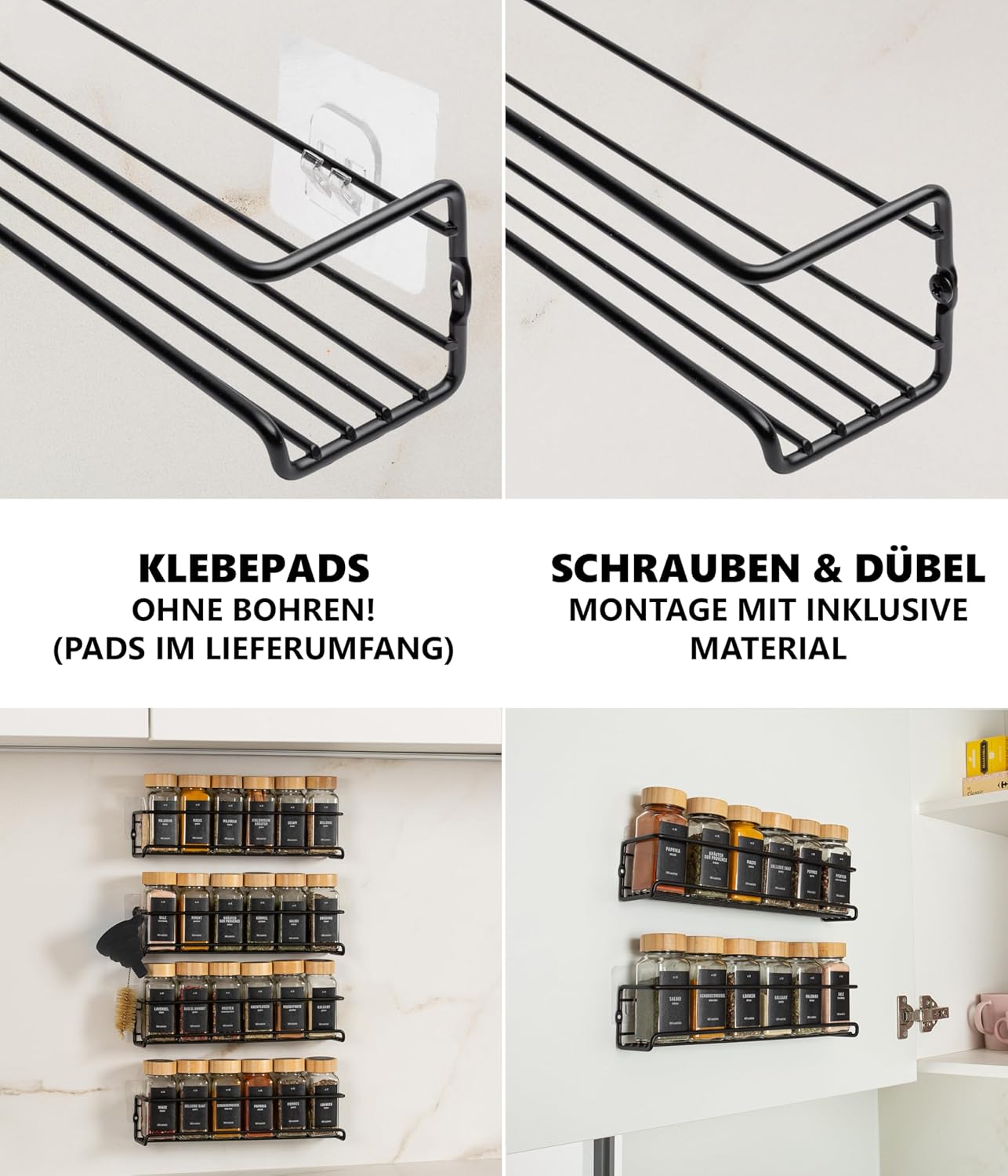 Gewürzregal-Set zum Aufhängen, mit Gläser, Deckel Bambus