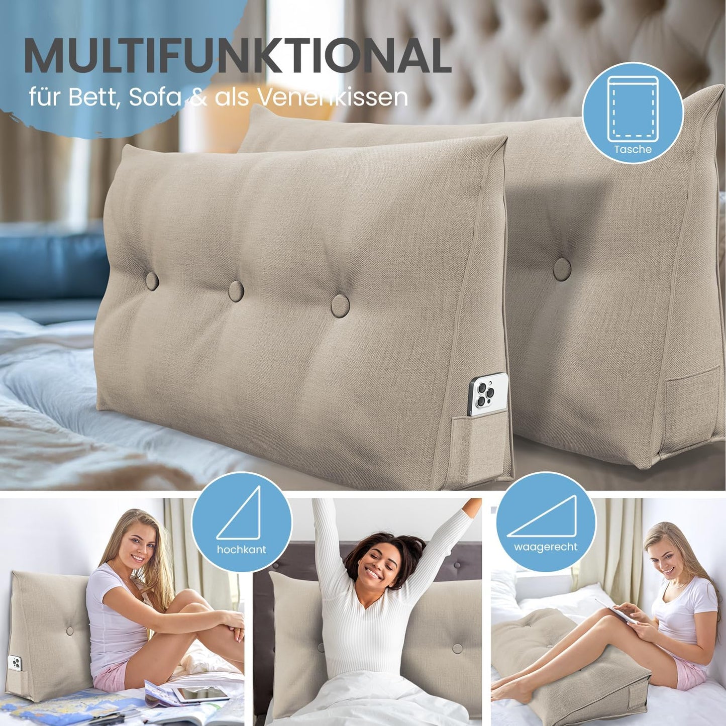 Bett- und Rückenstützkissen, Sand 100 cm