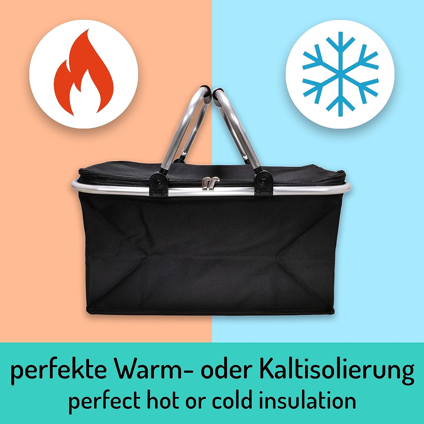 Faltbarer Einkaufskorb mit Isolierung, Thermo - 1x Pack Schwarz