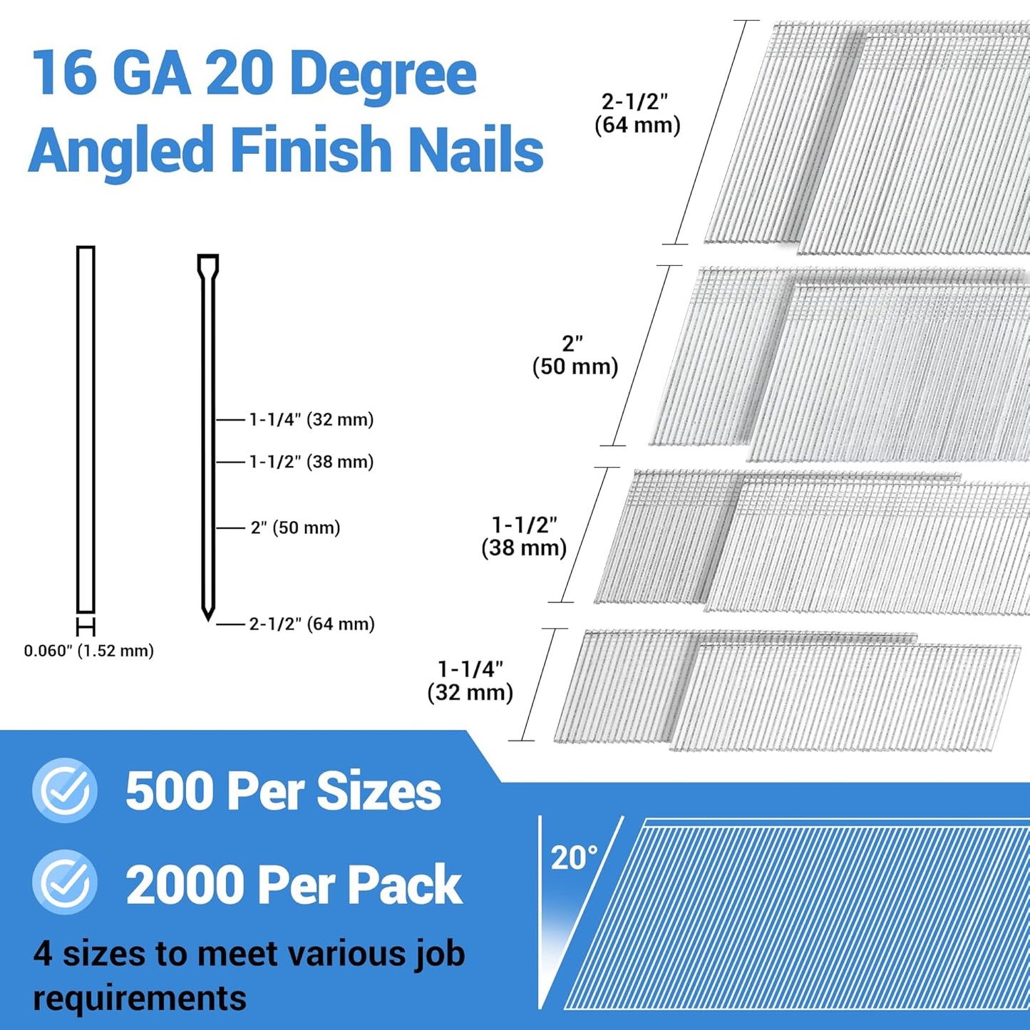 16-Gauge-Nagelsortiment, 2000 Stück, 4 Grössen (32 mm, 38 mm, 50 mm, 64 mm)