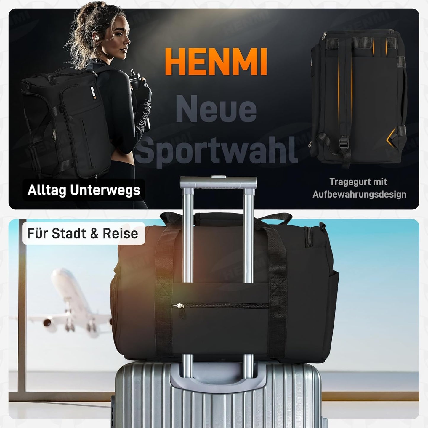 Sport- und Reisetasche mit Schuh- und Nassfach, Schwarz