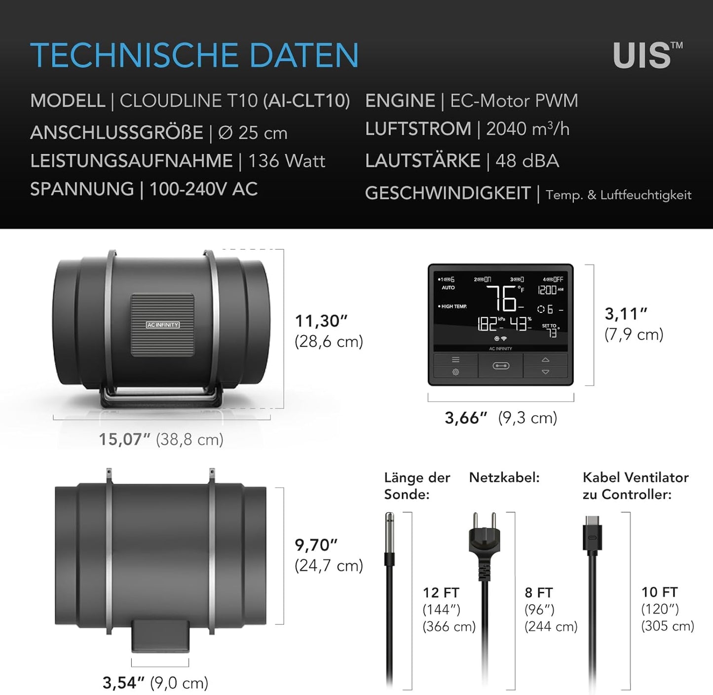 Leises Inline-Lüftersystem mit Smart Controller, 250 mm Pro Smart Controller