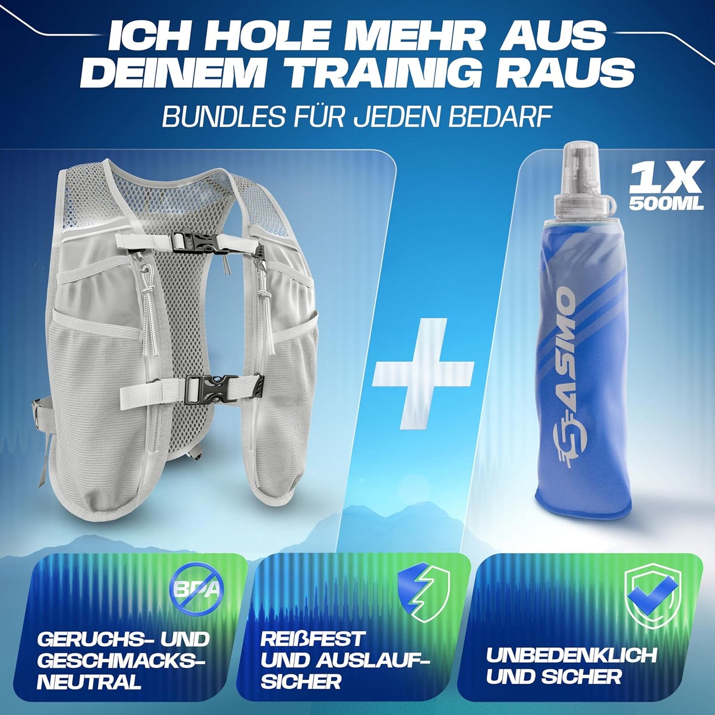 Laufweste mit Trinksystem, 5L - weissgrau - mit 1x500ml 5L