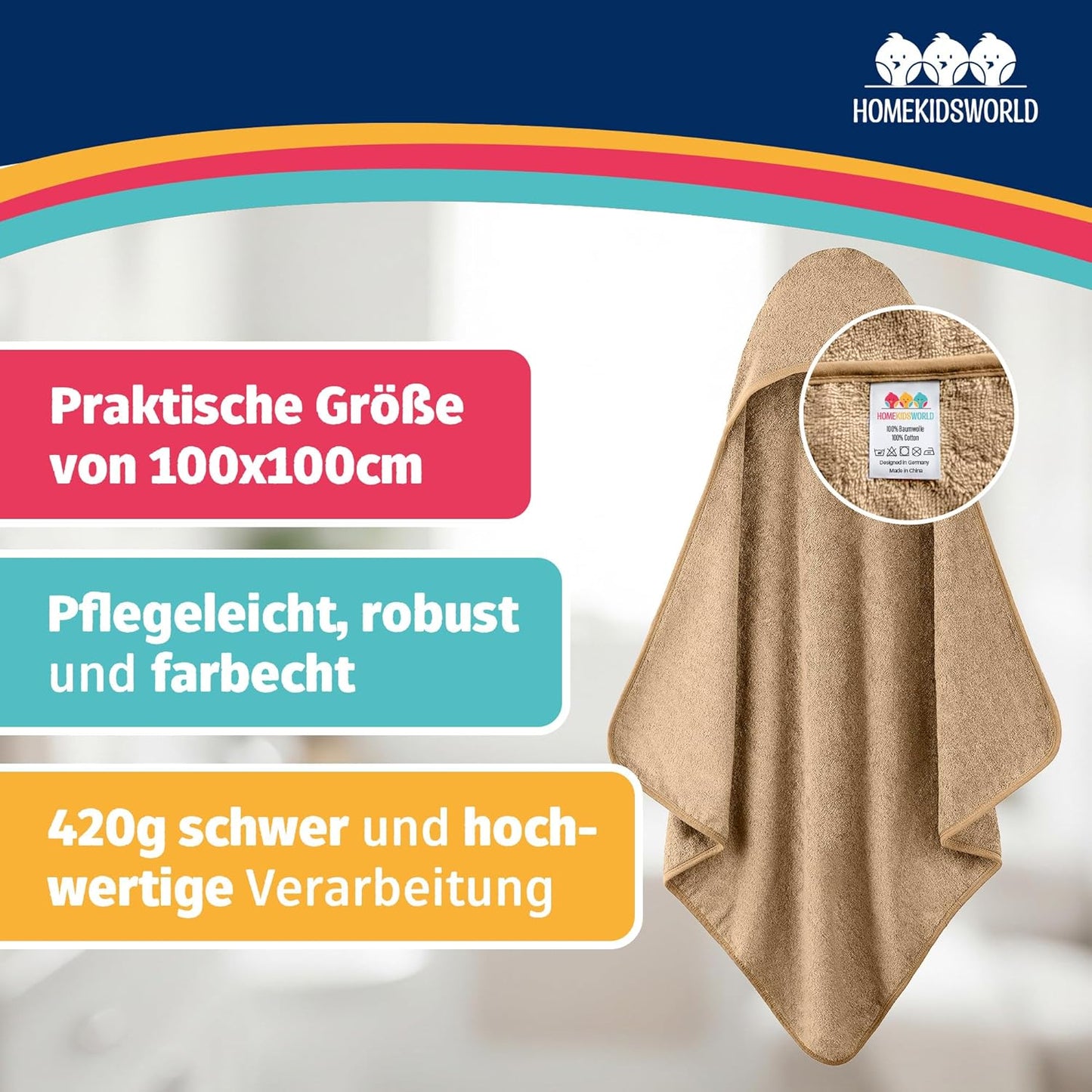 Kapuzenhandtuch für Babys & Kinder (100x100 cm), Beige