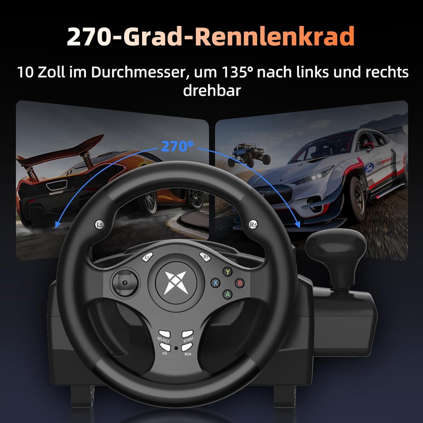R270 Gaming Lenkrad mit Pedalen und Vibrationseffekt (270°)