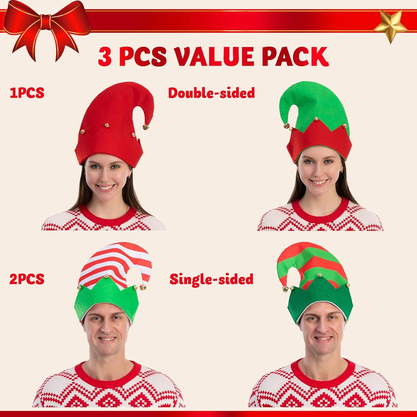 3-teiliges Weihnachtselfen Filzhüte-Set