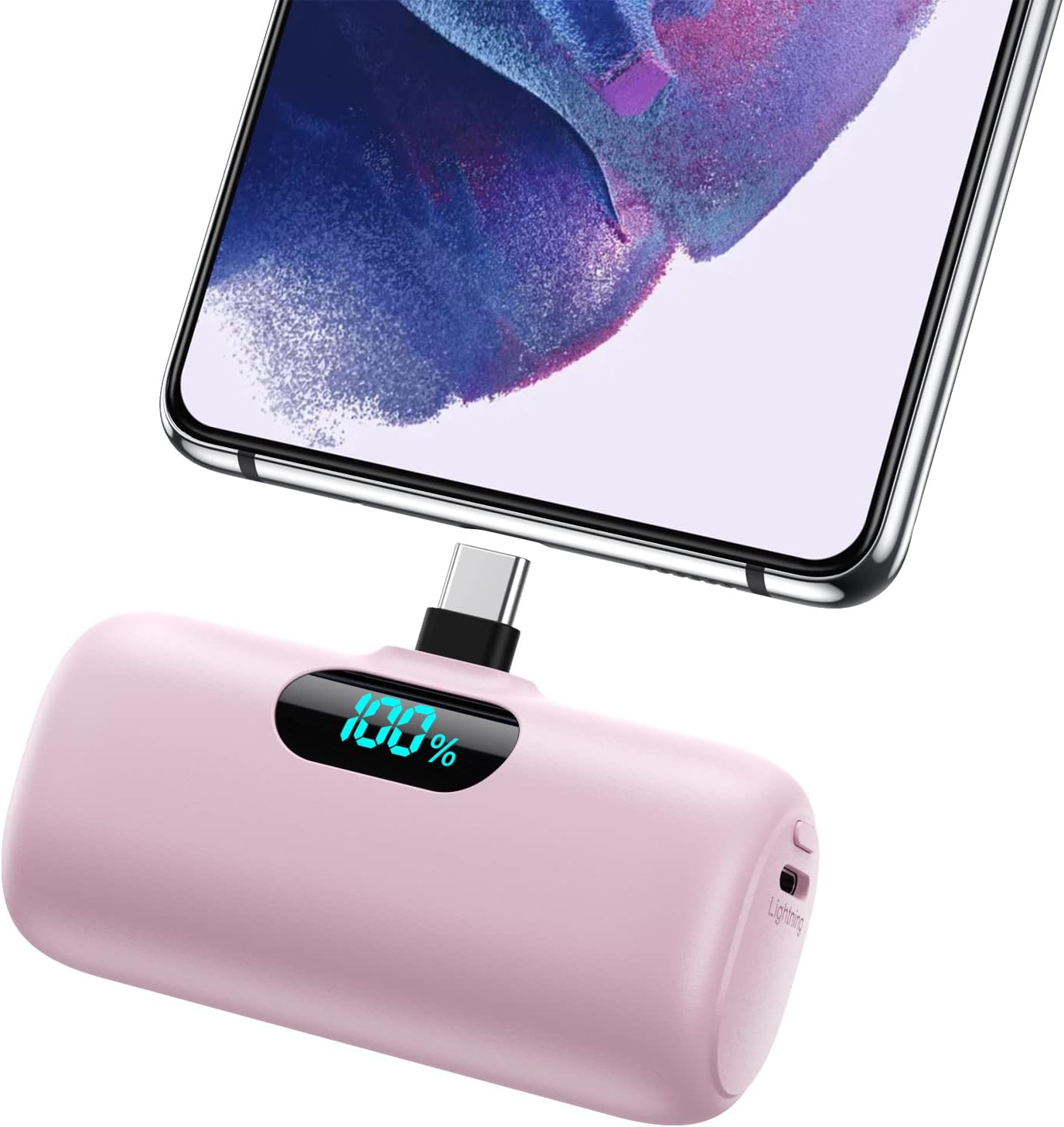 Mini Powerbank USB C mit LCD Display, Rosa