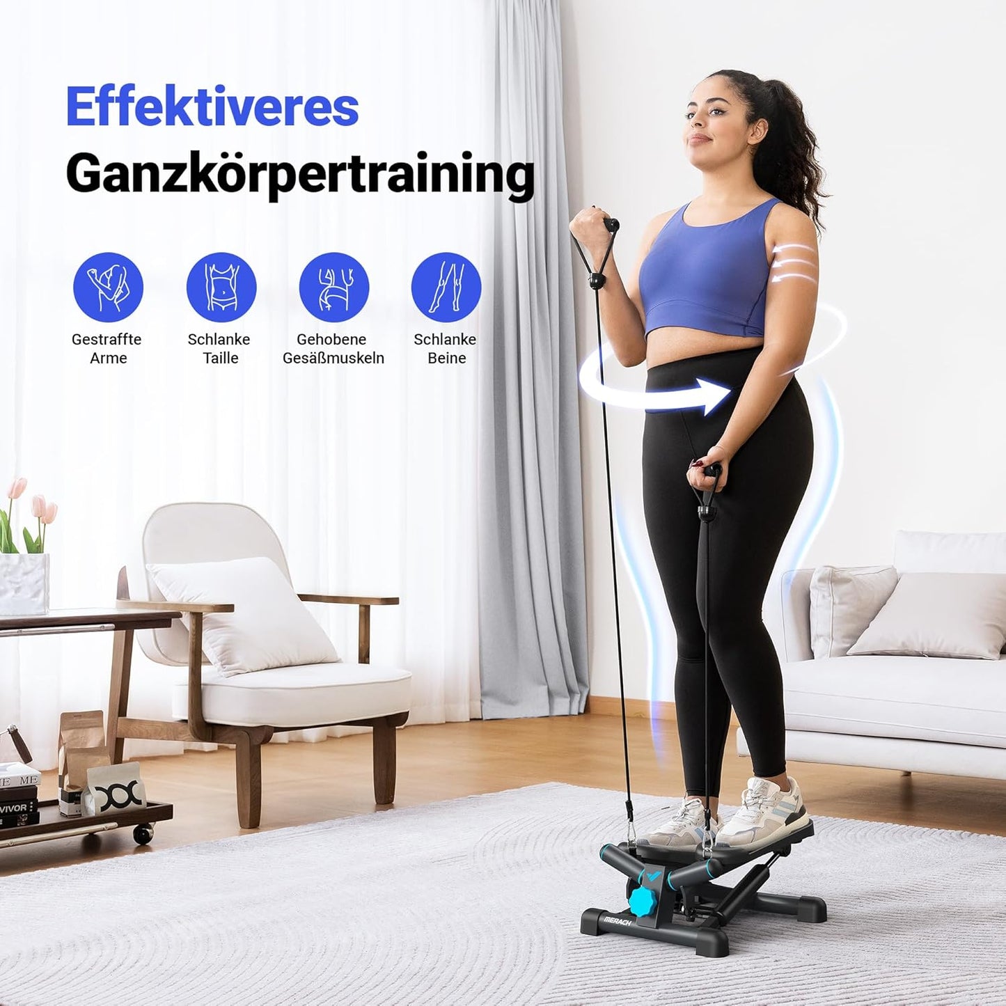 2-in-1 Mini-Stepper mit LCD-Monitor und Power Ropes, blau-schwarz