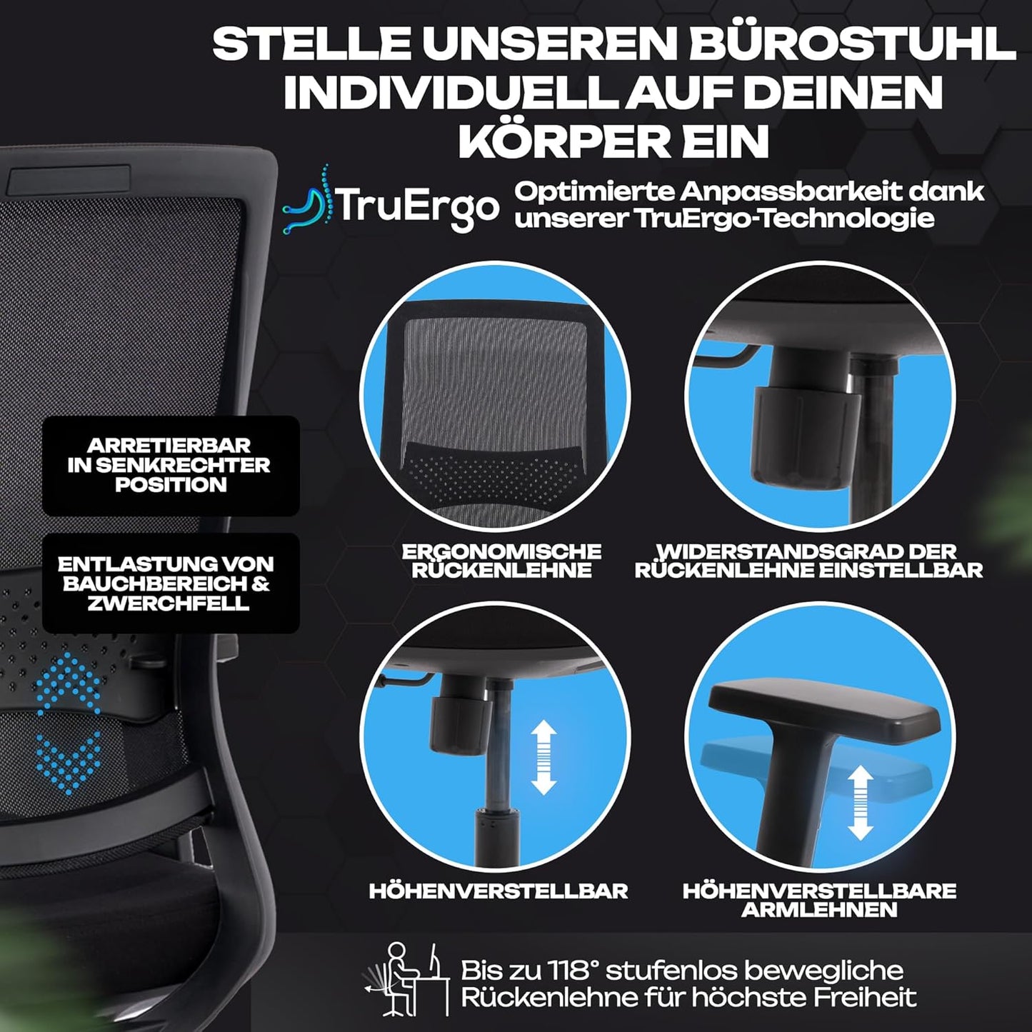 Ergonomischer Bürostuhl M2, M2 Armstütze (Schwarz)