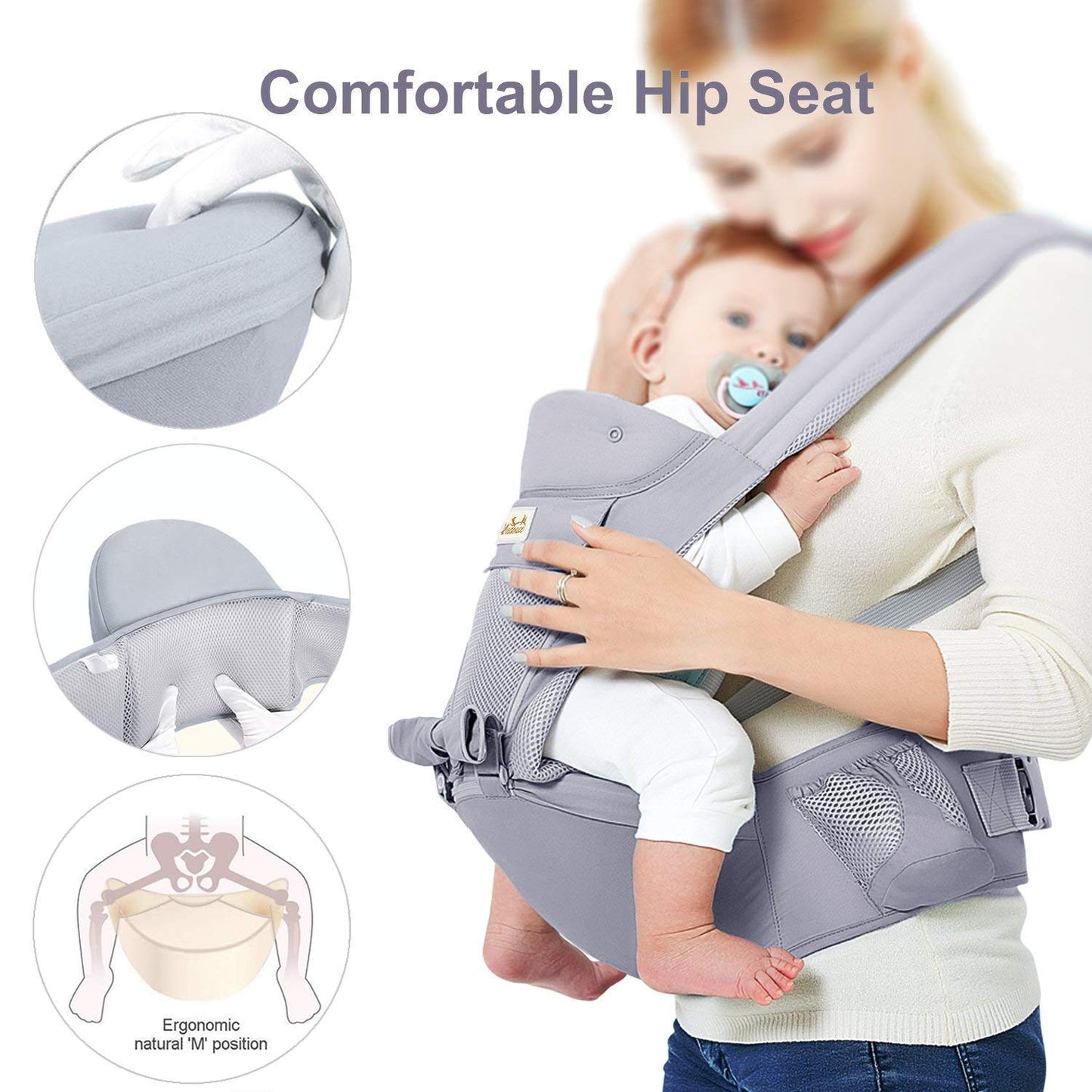 Ergonomische Babytrage mit Hüftsitz, Grau mit Hüftsitz