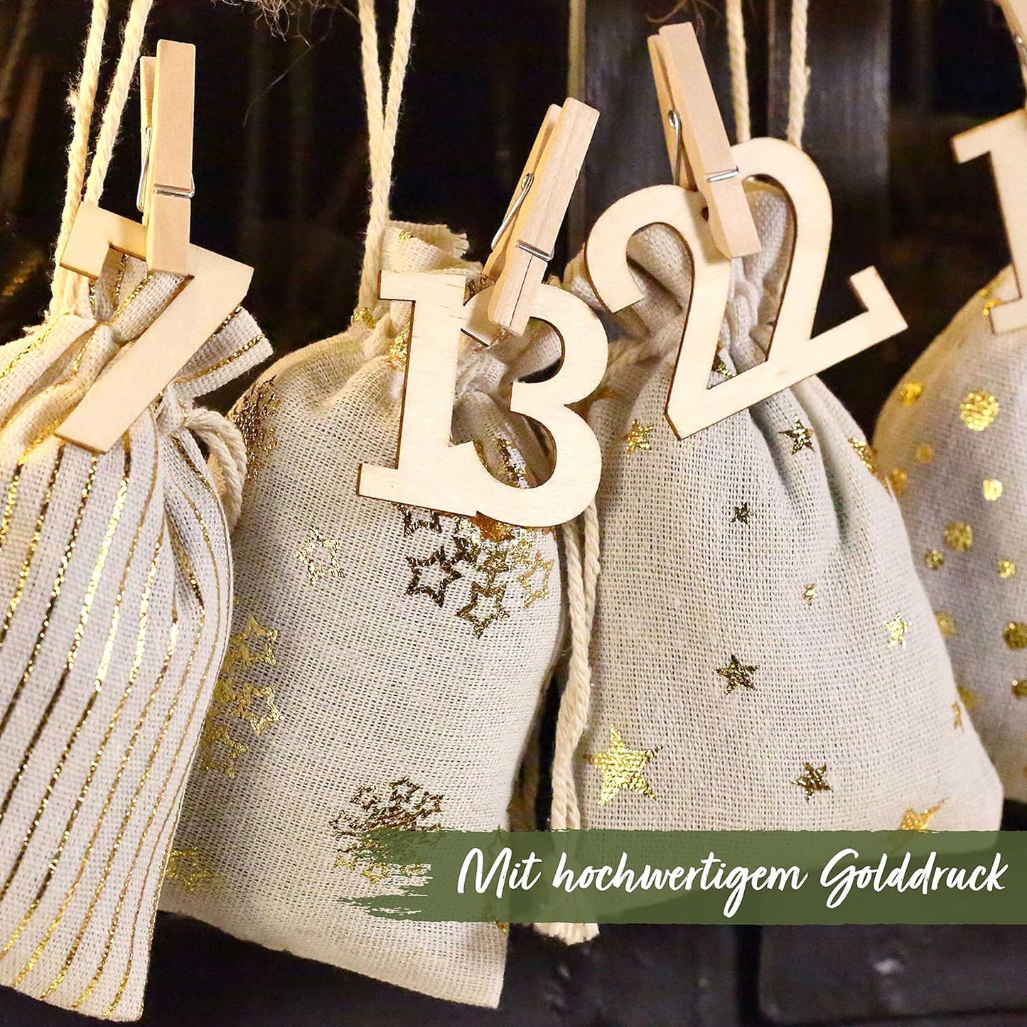 Adventskalender mit Stoffsäckchen und Holzzahlen, Gold Bedruckt