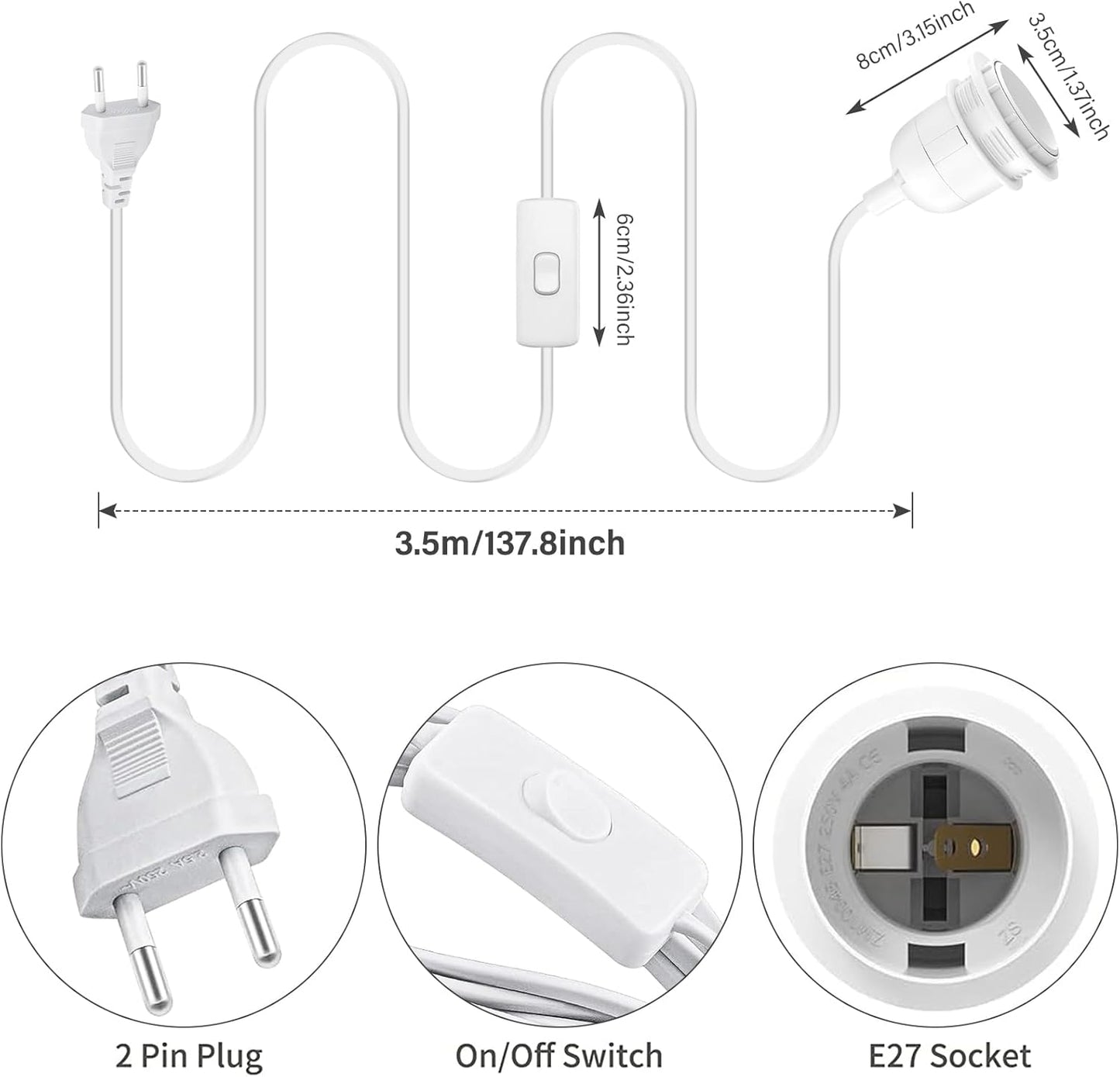E27 Lampenfassung mit Schalter und 3,5m Kabel, 4 Stück, Weiss