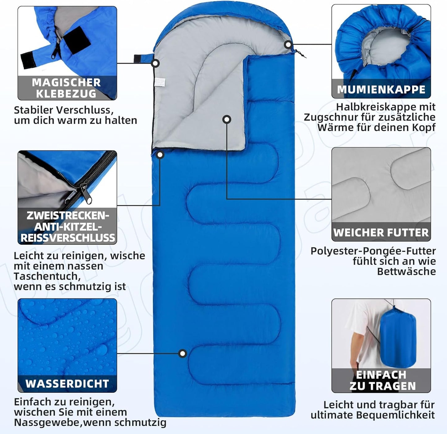 Ultraleichter 3-Saison Schlafsack für Camping, Himmelblau 0.95kg