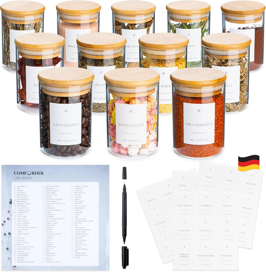 12-teiliges Vorratsgläser-Set mit Bambusdeckel, 12er Set - 230 ml