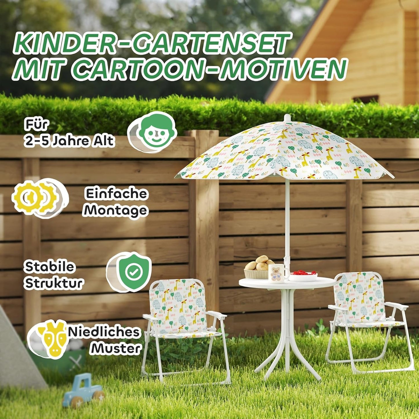 Garten-Kindersitzgruppe Stahl, Polyester Weiss, Weiss-elefanten- und Giraffenmuster